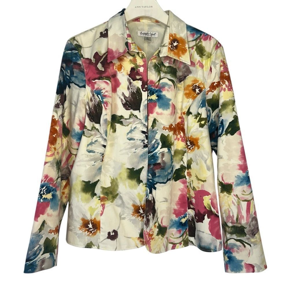 Coldwater Creek Floral Blazer Jacket PL Cotton Blend Vibrant Artsy Machine Wash
